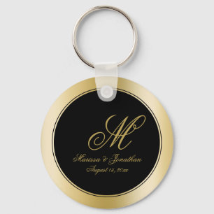 Porte-clés Élégant script de monogramme or Mariage noir