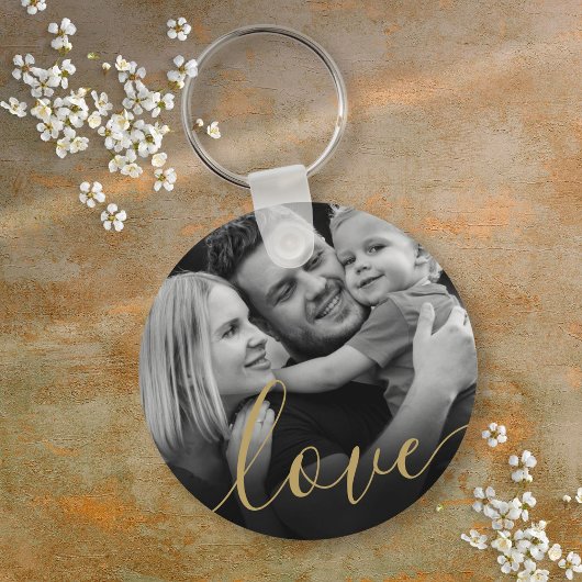 Porte-clés Élégant script doré amour photo noir et blanc
