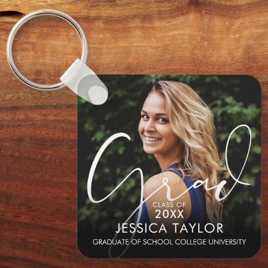 Porte-clés Élégant Script Grad Photo Graduée (Recto)