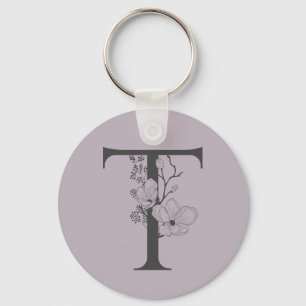 Porte-clés Élégant T Boho Floral Monogramme initial Lilac Gre