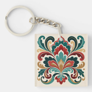 Porte-clés Elegant Teal–Red Ornamental Bloom