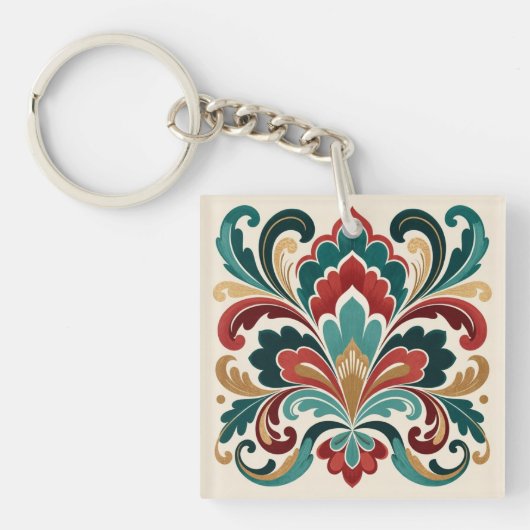 Porte-clés Elegant Teal–Red Ornamental Bloom (Devant)