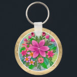 Porte-clés Elegant Tropical Pink Floral I Flowers Bouquet<br><div class="desc">Elegant Tropical Pink Floral I Flowers Bouquet Keychain. Tropical Pink Floral Keychain – Vibrant Summer Flower Bouquet Design with Faux Gold Frame. This vibrant round keychain features a stunning 3D-style digital illustration of a lush tropical bouquet. With a central bright pink lily surrounded by delicate hibiscus and verdant ferns, the...</div>