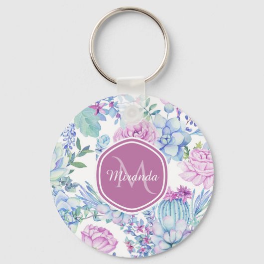 Porte-clés Élégant violet et bleu Succulent Floral avec nom (Recto)