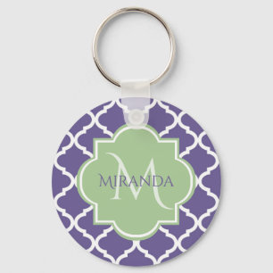 Porte-clés Élégant violet Quatrefoil et nom vert Monogramme