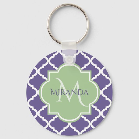 Porte-clés Élégant violet Quatrefoil et nom vert Monogramme (Recto)