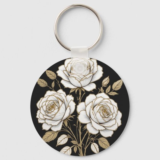 Porte-clés Elegant White & Gold Floral Rose Keychain – Luxury (Recto)