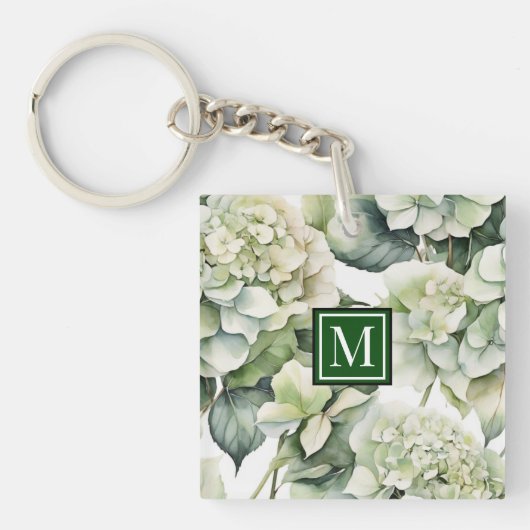 Porte-clés Elégante aquarelle blanche vert hydrangée florale (Devant)