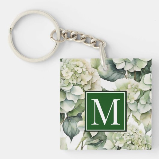 Porte-clés Elégante aquarelle blanche vert hydrangée florale (Devant)