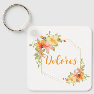 Porte-clés Elégante aquarelle Jaune Floral Nom
