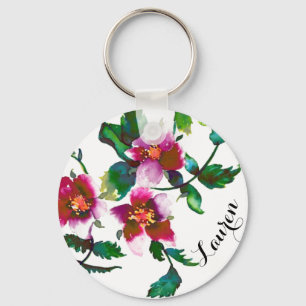 Porte-clés Elégante aquarelle moderne fleur sauvage rose fonc