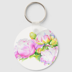 Porte-clés Elégante aquarelle rose flancs blancs pivoines