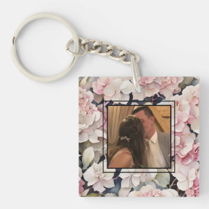 Porte-clés Elégante aquarelle rose floral personnalisation ph