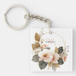 Porte-clés Élégante couronne de fleurs rose et or, Nom person