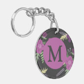 Porte-clés Élégante Fleurs violettes Art sur Monogramme noir (Devant gauche)