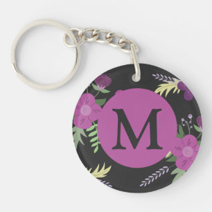 Porte-clés Élégante Fleurs violettes Art sur Monogramme noir