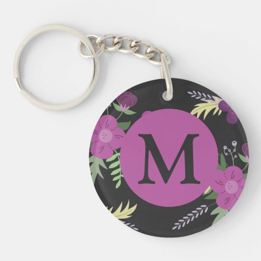 Porte-clés Élégante Fleurs violettes Art sur Monogramme noir (Devant)