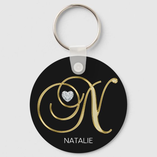 Porte-clés Élégante lettre dorée personnalisée N (Recto)