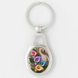 Porte-clés Élégante œuvre d'art florale au cygne perlé