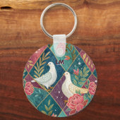 Porte-clés Elégantes colombes blanches rose floral & or géomé (Recto)