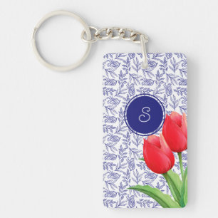 Porte-clés Élégantes Tulipes Rouges Printemps Floral Blue Mon