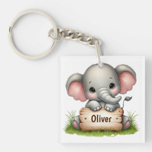 Porte-clés Éléphant de bébé mignon tenant un panneau de nom