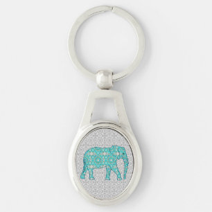 Porte-clés Eléphant fleur Mandala - turquoise, gris & blanc