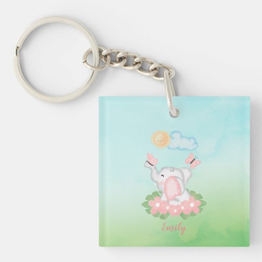 Porte-clés Eléphant mignon bébé avec fleurs roses (Devant)