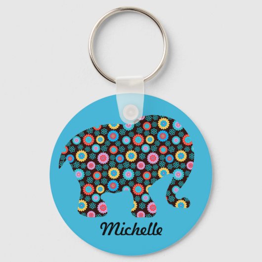 Porte-clés Eléphant Motif Fleur sur Bleu Personnalisé (Recto)