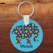 Porte-clés Eléphant Motif Fleur sur Bleu Personnalisé (Recto)