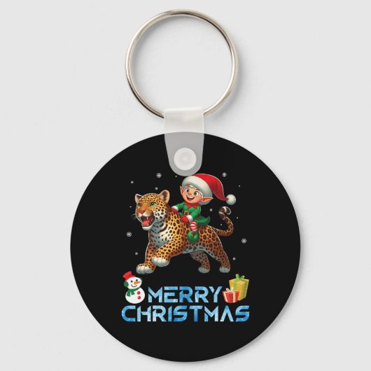 Porte-clés Elf Riding Leopard Snowman Présenter Joyeux Noël (Recto)