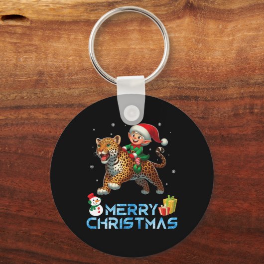 Porte-clés Elf Riding Leopard Snowman Présenter Joyeux Noël (Recto)