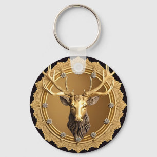 Porte-clés Emblème élégant de cerf doré avec cadre orné