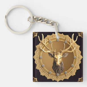Porte-clés Emblème élégant de cerf doré avec cadre orné
