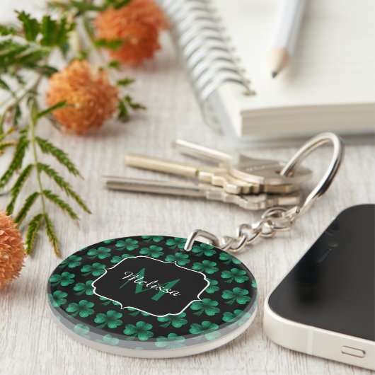 Porte-clés Emerald Green Sparkle Shamrock noir Monogramme (Devant Droit)