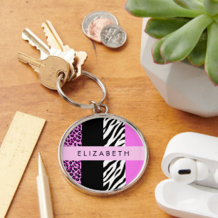 Porte-clés Empreinte de léopard, Zebra Print, Rose, Votre nom