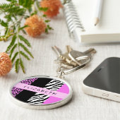 Porte-clés Empreinte de léopard, Zebra Print, Rose, Votre nom (Côté)