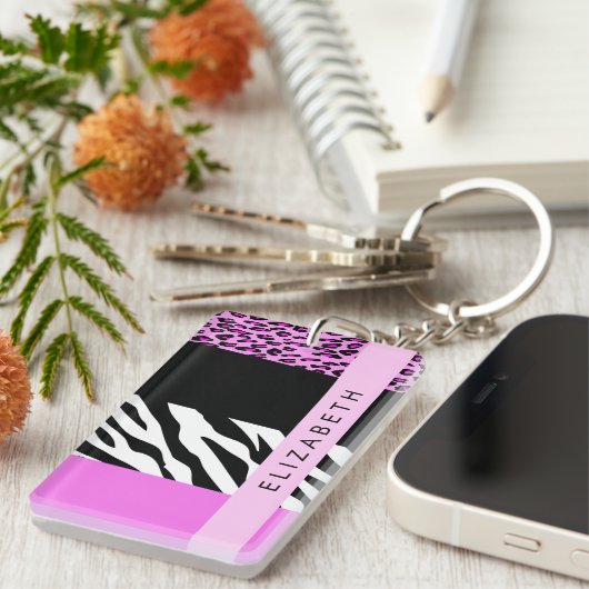 Porte-clés Empreinte de léopard, Zebra Print, Rose, Votre nom (Devant droit)