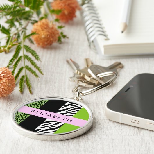 Porte-clés Empreinte de léopard, Zebra Print, Vert, Votre nom (Côté)