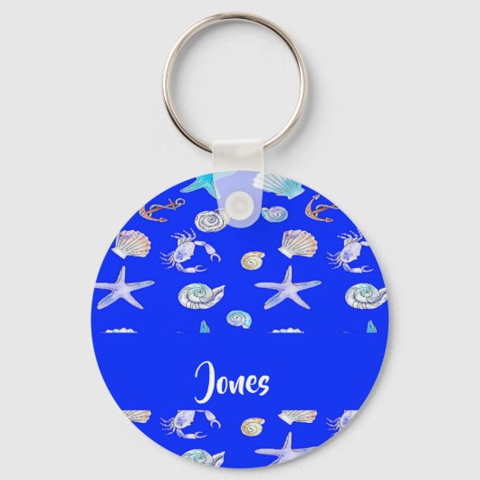 Porte-clés Empreinte nautique de nom personnalisé en bleu (Recto)