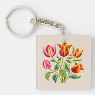 Porte-clés en acrylique Bouquet de Tulipes Rouges