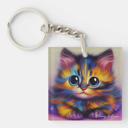 Porte-clés en acrylique Chaton Tortie Arc-en-ciel (Devant)