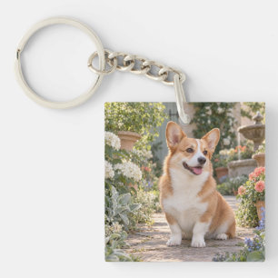 Porte-clés en acrylique Corgi Wildflower Garden Sq