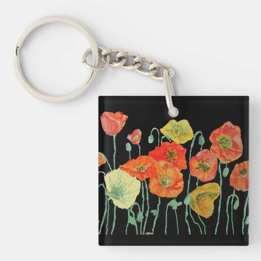 Porte-clés en acrylique floral Pavots orange et no (Devant)