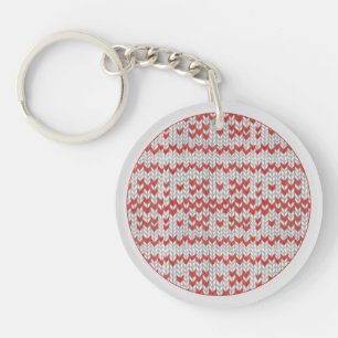 Porte-clés en acrylique rond TRICOT NORDIQUE ROUGE