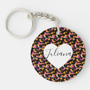 Porte-clés en forme de cœur rose orange à motif im