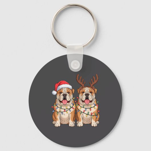 Porte-clés English Bulldog Christmas Santa Hat Reindeer Light (Recto)
