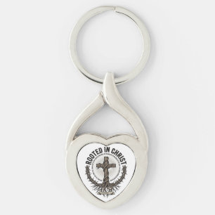 Porte-clés Enraciné dans le Christ Croix Gravure Vintage Chré