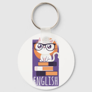 Porte-clés ENSEIGNANTS ANGLAIS Cadeau - Cute Kawaii Chat Purp