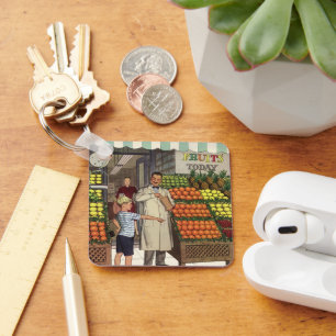 Porte-clés Entreprise vintage, stand de fruits avec épicier e